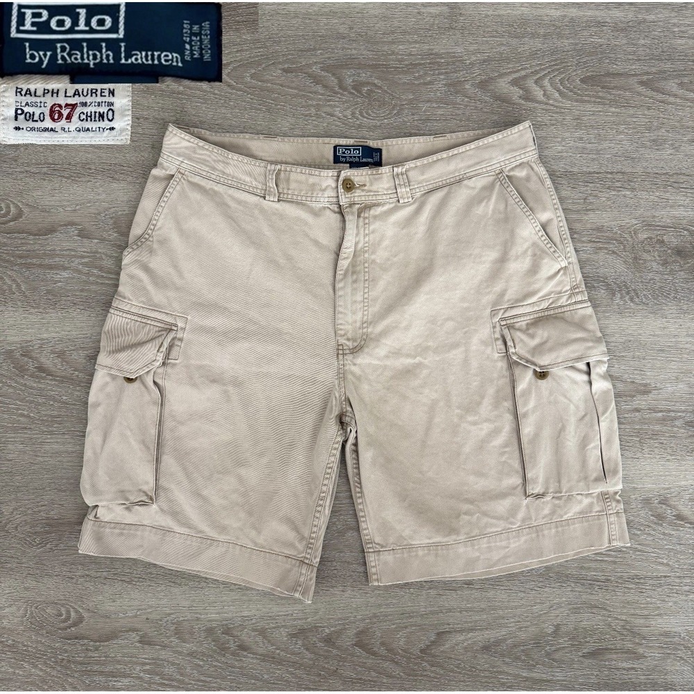 VTG 90's Polo Ralph Lauren Cargo Shorts Mens 38 Khaki RL67 Utility Classic Chino